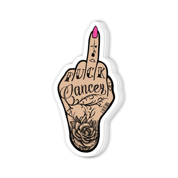 Sticker – Cancer Statement Tattoo - awareness sticker, bold message, Cuss Word, fuck cancer, female hand, middle finger, statement, vinyl sticker, statement sticker, Swear, tattoos, vinyl sticker, pink nails