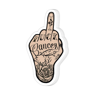 Sticker – Cancer Statement Tattoo - awareness sticker, bold message, Cuss Word, fuck cancer, male hand, middle finger, statement, vinyl sticker, statement sticker, Swear, tattoos, vinyl sticker